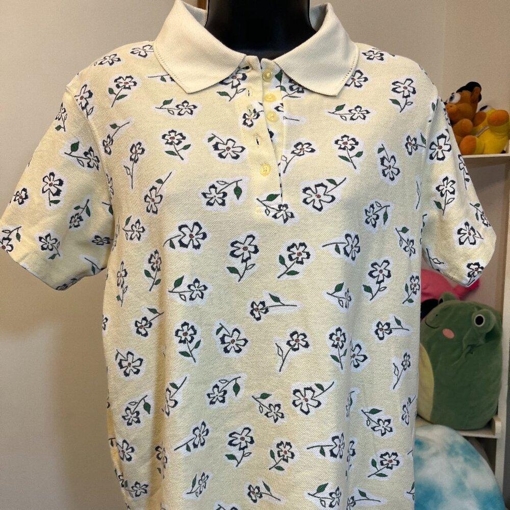 Vintage Y2K Basic Editions Yellow Floral Knit Polo Shirt Short Sleeve Women’s Sm